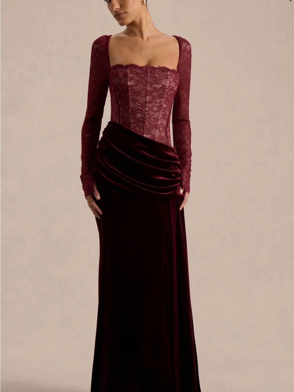 Club L London Long Sleeve Lace & Velvet Gown in Burgundy- Worn 1x- new condition